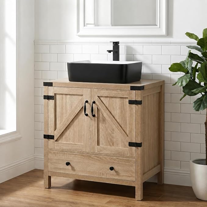 28-inch Natural Color Bathroom Vanity, Rustic Fixture Standing Pedestal Cabinet Without Sink