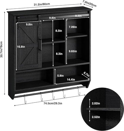 RUSTOWN Farmhouse Bathroom Wall Cabinet,3-Tier Rustic Wood Wall Mounted Cabinets,Vintage Medicine Cabinet with Sliding Barn Door and Adjustable Shelves,Over The Toilet Storage Cabinet (Black)