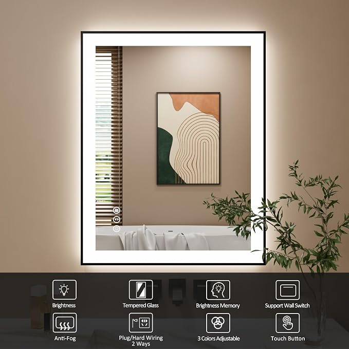24x30 Inch LED Bathroom Mirror with Black Frame | Black Metal Frame, Front and Backlit, 3 Colors, Dimmable, Memory, Anti Fog, Tempered Glass, Lighted Mirror for Wall