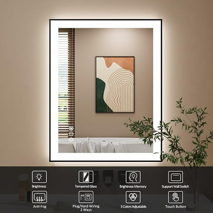 24x30 Inch LED Bathroom Mirror with Black Frame | Black Metal Frame, Front and Backlit, 3 Colors, Dimmable, Memory, Anti Fog, Tempered Glass, Lighted Mirror for Wall