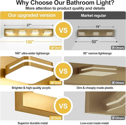 360° Rotate LED Bathroom Vanity Light Fixtures, 1600LM Acrylic Gold Vanity Lights for Bathroom, Modern Wall Lighting Fixtures Over Mirror Kitchen Living Room Hallway (Natural White Light 5000K)