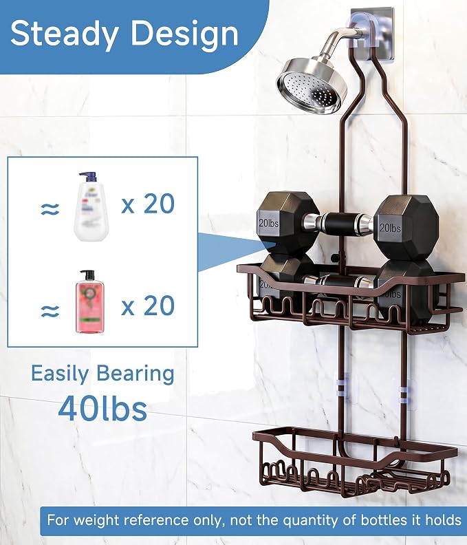 Upgraded Extended Length Shower Organizer with Hooks, Rustproof Shampoo Soap Holder, Large Hanging Bathroom Caddy, Brown