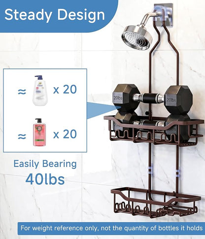 Upgraded Extended Length Shower Organizer with Hooks, Rustproof Shampoo Soap Holder, Large Hanging Bathroom Caddy, Brown