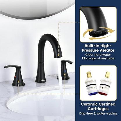 APPASO Black Bathroom Faucets 3 Hole, Matte Black Bathroom Sink Faucet with Supply Lines & Pop Up Drain, SUS304 Stainless Steel 8 Inch Widespread Bathroom Faucet for Vanity RV Farmhouse Sink