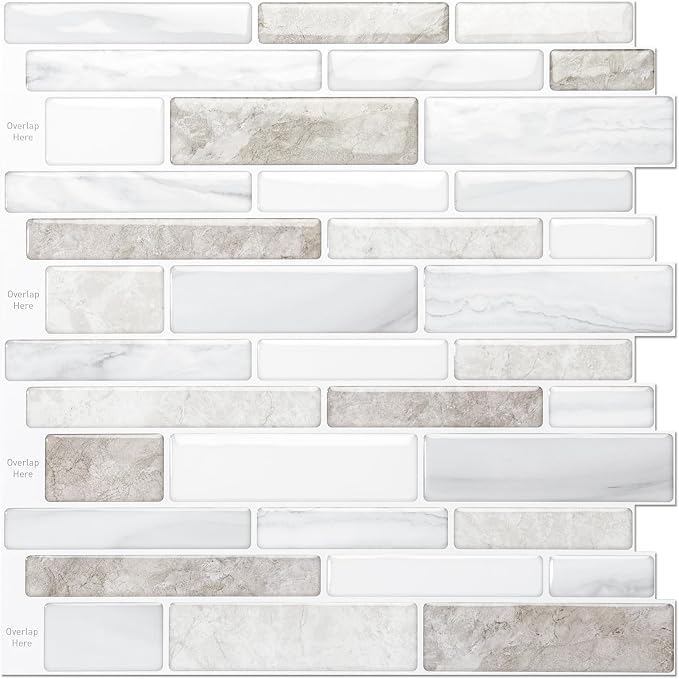 LONGKING 10 Sheet Marble Peel and Stick Backsplash for Kitchen,Self-Adhesive Tile Backsplash for Kitchen, Bathroom, 12" x 12", (Beige & White) | Peel and stick backsplash, self-adhesive wall tile, Beige White, marble, waterproof, kitchen bathroom wall,...