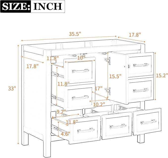 Merax 36 Inch White Bathroom Vanity Without Sink Top,Freestanding Bathroom Vanity Base Cabinet Only,with 5 Drawers,Soft Closing Door & Gold Handles,Solid Wood Frame(Basin Not Included),1 Package