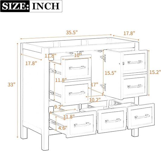 Merax 36 Inch White Bathroom Vanity Without Sink Top,Freestanding Bathroom Vanity Base Cabinet Only,with 5 Drawers,Soft Closing Door & Gold Handles,Solid Wood Frame(Basin Not Included),1 Package