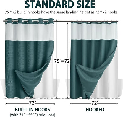 No Hook Shower Curtain and Liner Set,Seaweed Green Hotel Waffle Shower Curtain with Liner 75" L x 72" W