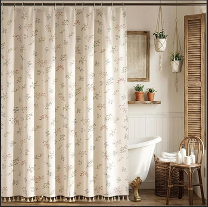 Farmhouse Floral Shower Curtain with 12 Clear Rings 72" W x 84" L | Boho Fabric Faux Linen Shower Curtain Set, Vintage Cottagecore Shower Curtain for Bathroom