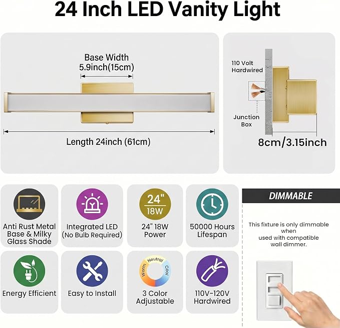 URSOLA 24" Modern LED Bathroom Light Fixtures, Golden 3CCT Dimmable Bathroom Vanity Light Over Mirror, Bathroom Vanity Bath Bar Lights with Double Layer Acrylic Shade