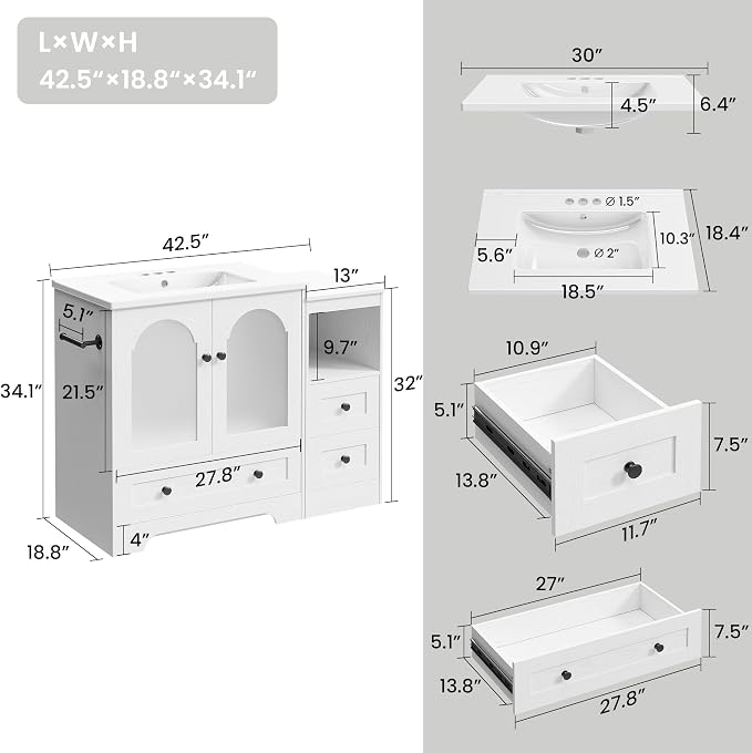 IRONCK 42 Inch Bathroom Vanity with Sink Set, Reversible Design, White | Modern Bathroom Storage Cabinet with 3 Drawers, 2 Visual Soft Close Doors, Open Cubby, Towel Holder