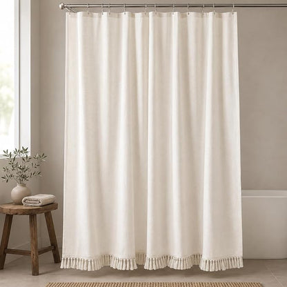 Linen Shower Curtain Boho Cream Shower Curtain with Tassels 72"W x 72"L | Thick linen-poly blend, soft textured drape, handcrafted fringe, neutral rustic farmhouse bathroom decor