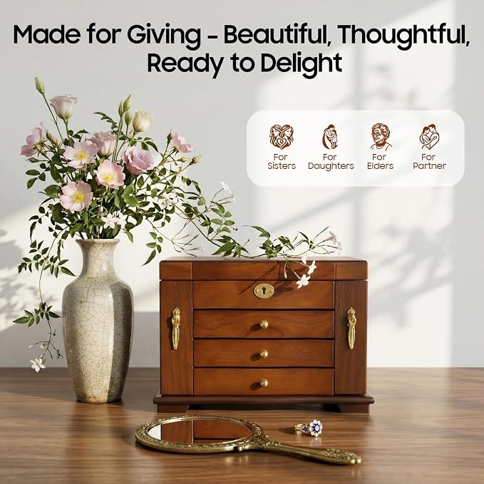 Large Wooden Jewelry Box with Mirror and Lock, 4 Layers Locking Jewelry Organizer, Watches Necklace Ring Storage Box for Women