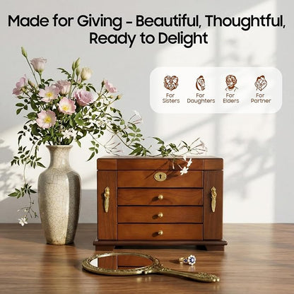 Large Wooden Jewelry Box with Mirror and Lock, 4 Layers Locking Jewelry Organizer, Watches Necklace Ring Storage Box for Women