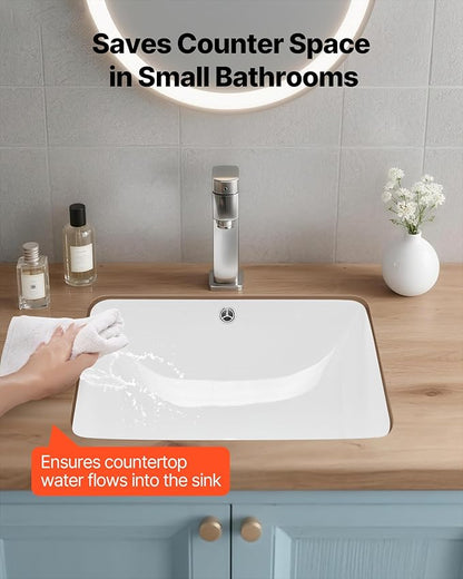 VEVOR Undermount Bathroom Sink, 20.28 x 15.16 Inch Rectangular White Ceramic Vessel Sink with Overflow Hole, Under Counter Drop in Modern Lavatory Vanity Bath Wash Bowl Basin, Rectangle Small Space