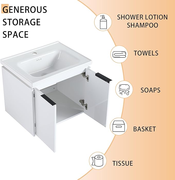 24" Bathroom Vanity with Sink, 24 Inch Floating Bathroom Vanity, Modern Bathroom Vanity, White Wall Mounted Cabinet Set