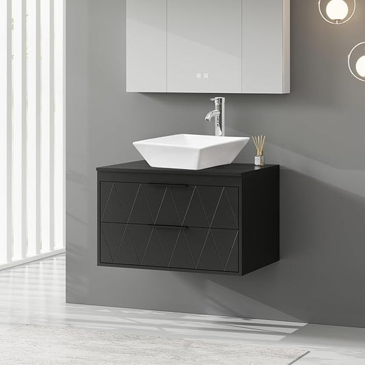 eclife 30" Floating Bathroom Vanities with Sink Combo, Wall Mounted Modern Cabinet W/Diamond Line Pattern Design, White Square Ceramic Vessel Sink W/Water Save Faucet & Pop Up Drain, Black