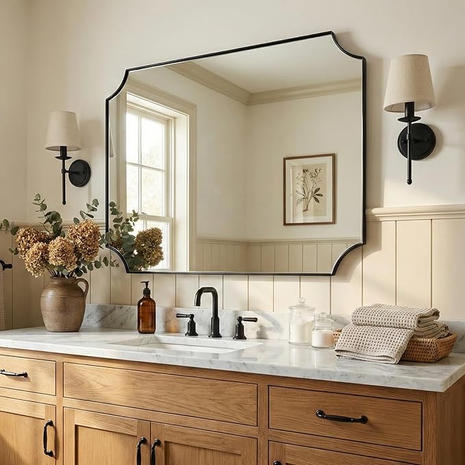 30x40 Inch Bathroom Mirror, Black Bathroom Mirror for Over Sink, Unique Rectangle Wall Mirror, Matte Black Framed Rectangular Mirror with Scalloped Edges, Ideal for Home Decor