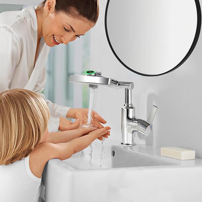 Rotatable Rain Faucet, Single Hole 360° Rotatable Bathroom Faucet, Single Handle Modern Bathroom Sink Faucet with LED Temperature Display(No Batteries) in Fahrenheit, 3 Water Modes-Chrome