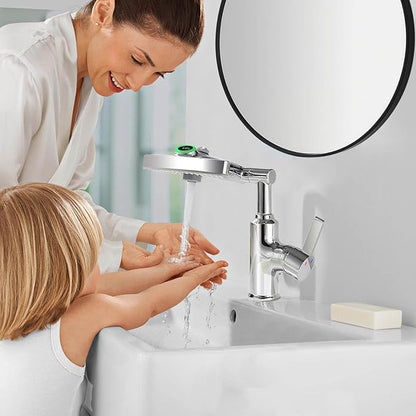 Rotatable Rain Faucet, Single Hole 360° Rotatable Bathroom Faucet, Single Handle Modern Bathroom Sink Faucet with LED Temperature Display(No Batteries) in Fahrenheit, 3 Water Modes-Chrome
