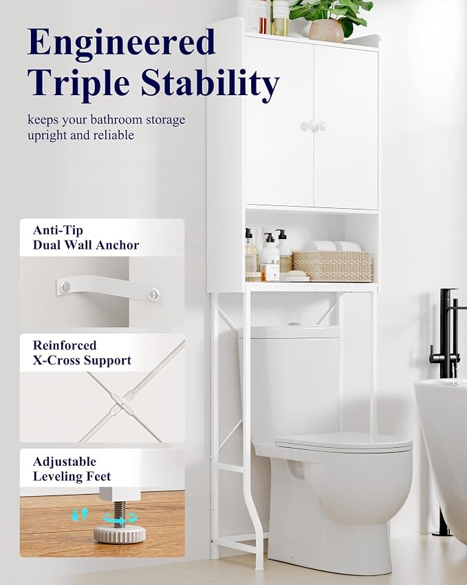 Kitsure 68.1"H Over Toilet Storage Cabinet, Magnetic Door, Adjustable Shelf | Bathroom, Laundry Room, Small Spaces, Families, Multi-Compartment Storage, Anti-Tip Design, White, 3 Tier Storage
