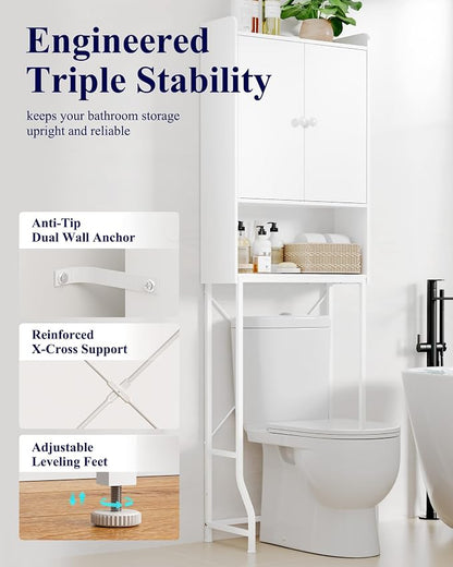 Kitsure 68.1"H Over Toilet Storage Cabinet, Magnetic Door, Adjustable Shelf | Bathroom, Laundry Room, Small Spaces, Families, Multi-Compartment Storage, Anti-Tip Design, White, 3 Tier Storage