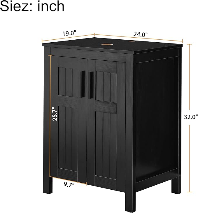 UEV Black 24" Bathroom Vanity Without Sink,Modern Freestanding Sink Cabinet,Stylish Bathroom Vanity Cabinet,Grooved Double Doors,Metal Handles
