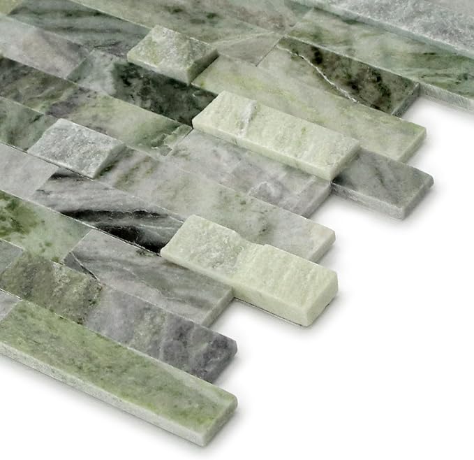 SUNWINGS 5-Sheet Peel and Stick Mosaic Natural 3D Stone Self Adhesive Marble Tiles, 11.5" x 10.7" Stick on Backsplash for Kitchen Bathroom Fireplace Vanity, Emerald Green