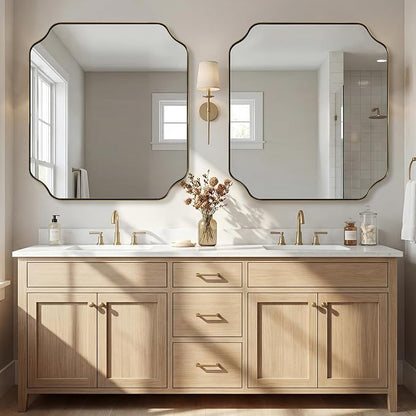 32X40 Inch Brushed Gold Scalloped Bathroom Mirror | Rustproof Stainless Steel Frame, Unique Notched Corners, Horizontal & Vertical Mount, Ideal for Bathroom, Powder Room