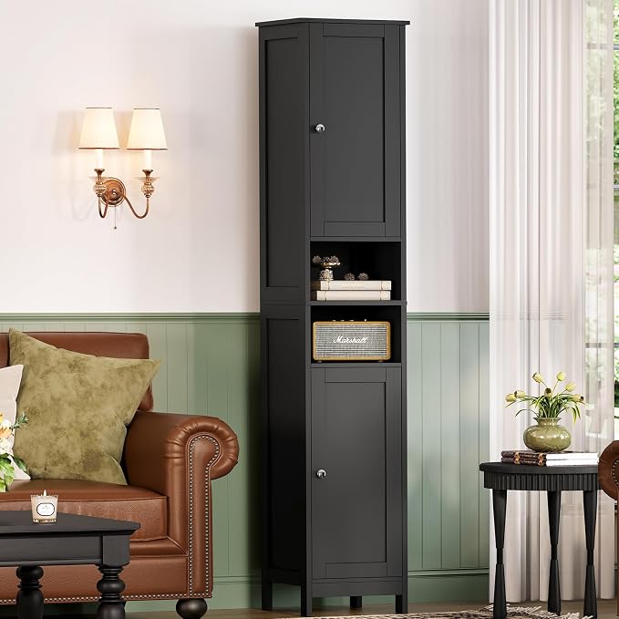 TEENFON 67" Tall Bathroom Cabinet with Adjustable Shelves and Doors | Narrow Bathroom Storage Cabinet for Small Space, Living Room, Entryway, Kitchen, Black