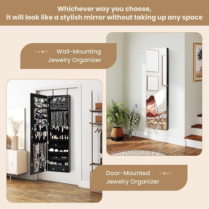 NAFORT 2 LEDs Jewelry Armoire with Full Length Mirror, 47.5" H Wall or Door Mounted Jewelry Cabinet with 2 Drawers, Lockable Jewelry Organizers and Storage, Hanging Jewelry Organizer, Black