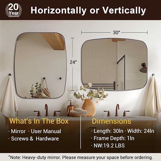Brushed Bronze Bathroom Mirror, 20x28 Oblong Mirror with Stainless Steel Metal Frame, Oval Vanity Mirror for Over Sink, Modern Anti Rust Wall Mounted