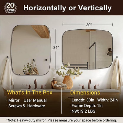 Brushed Bronze Bathroom Mirror, 20x28 Oblong Mirror with Stainless Steel Metal Frame, Oval Vanity Mirror for Over Sink, Modern Anti Rust Wall Mounted