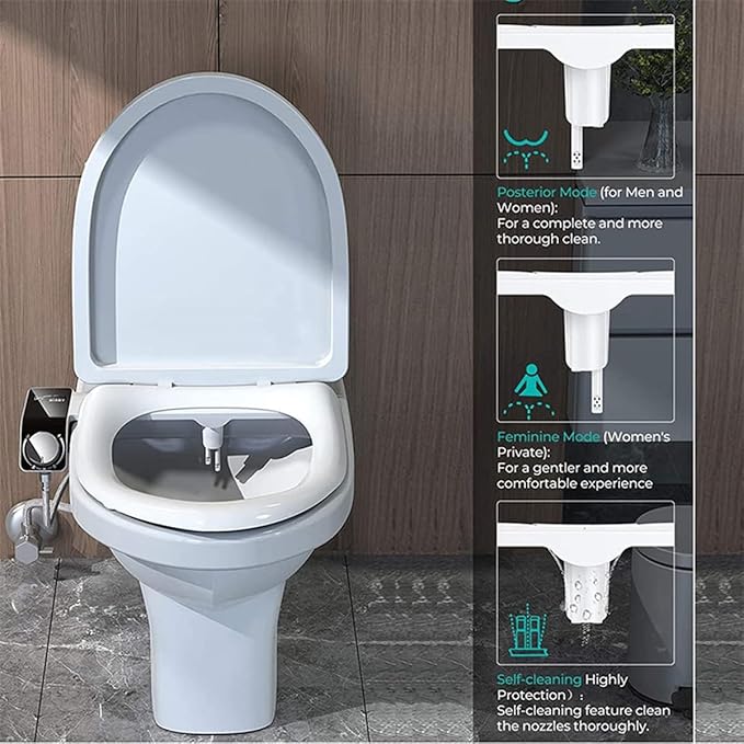 Self-Cleaning Non-Electric Dual Nozzle Bidet Attachment for Toilet Seat Jet Spray for Toilet Bathroom Bidet Toilet Sprayer, Adjustable Water Pressure, Rear and Feminine Wash