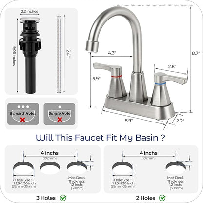 Brushed Nickel Bathroom Faucet 3 Hole, 4 Inch 2-Handle Centerset Bathroom Sink Faucet, Faucet for Bathroom Sink 360° Swivel Bathroom Faucets RV Lavatory Vanity Faucet with Pop-up Drain