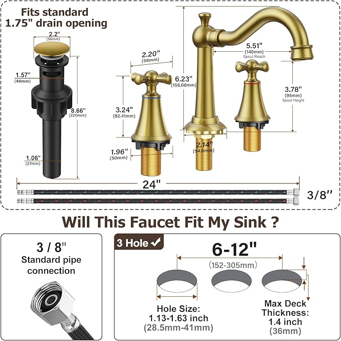 8 Inch Widespread Bathroom Sink Faucet Brushed Gold, 3 Hole 2 Cross Handles Classic Vintage Antique Faucet with Metal Pop Up Drain and Supply Hoses for Vanity, RV, Farmhouse