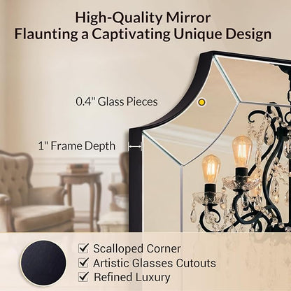 Black Mirror 24x40 Inch, Scalloped Mirror for Bathroom, Unique Rectangular Bathroom Mirror in Premium Stainless Steel Metal Frame 1" Deep, Decorative Mirror for Bathroom, Entryway, Mantel