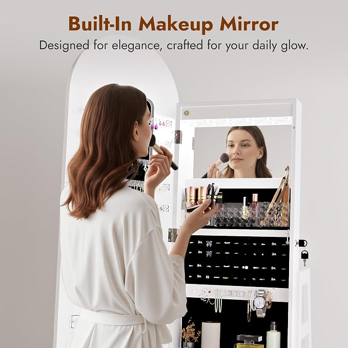 Zamilidon Full Length Mirror LED Lockable White Standing Jewelry Armoire | Secure lock design, multi-layer jewelry compartment, soft dimmable lighting, space-saving floor layout