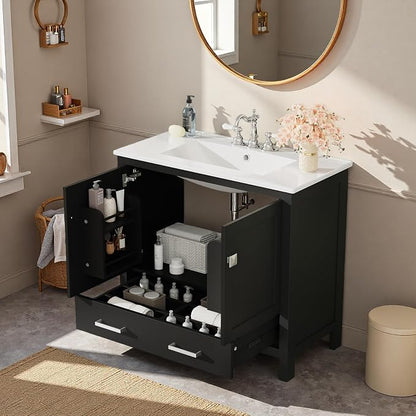 36" Freestanding Bathroom Vanity with Sink, Floor Stand Bathroom Storage Cabinet with Ceramic Sink, Doors with Double-Layered Storage Shelves, Modern Compact Vanity with Divided Drawer, Black