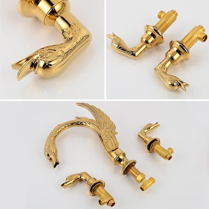 Golden Gold Ornate Swan Style Bathroom Sink Faucet Combo Deck Mount Sink Mixer Tap Set Hot Cold Water