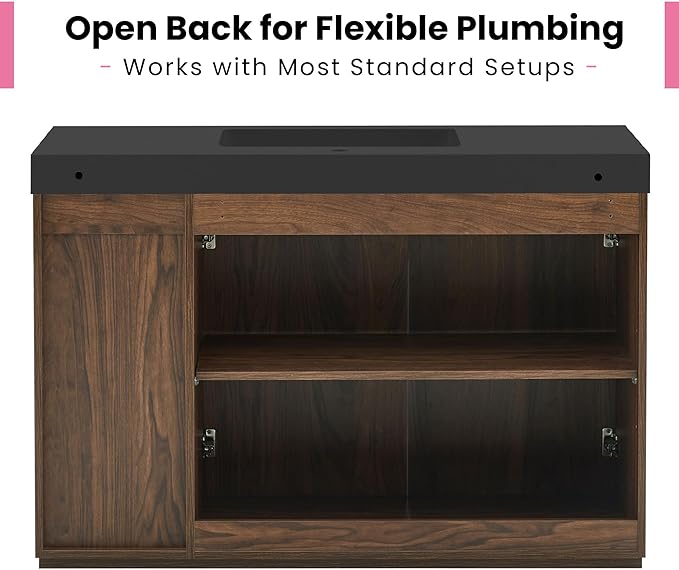 48" Bathroom Vanity with Sink Combo, Mid Century Modern Bathroom Cabinet with Doors & Open Shelf, Matte Black Integrated Sink with Overflow, Brown Walnut
