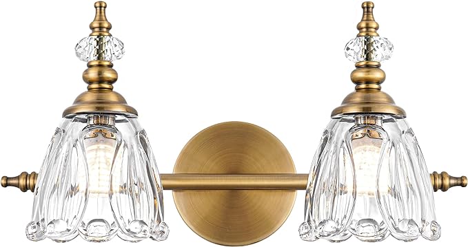 Brass Vanity Light, Vintage Brushed Gold Bathroom Light Fixtures, 2 Light Bathroom Vanity Lights, Flower Glass Shade Wall Sconce Lighting
