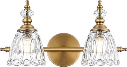 Brass Vanity Light, Vintage Brushed Gold Bathroom Light Fixtures, 2 Light Bathroom Vanity Lights, Flower Glass Shade Wall Sconce Lighting