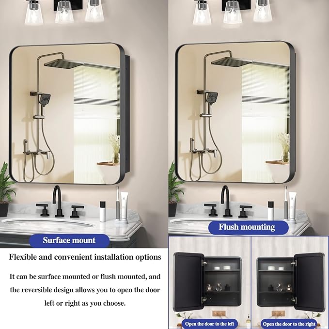 Bathroom Medicine Cabinet,24"x24" Square Mirror Door with Stainless Steel Frame,Recessed & Surface Wall Cabinet with Glass Shelves, Rust-Resistant Bathroom Storage Cabinet