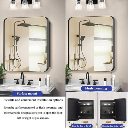 Bathroom Medicine Cabinet,24"x24" Square Mirror Door with Stainless Steel Frame,Recessed & Surface Wall Cabinet with Glass Shelves, Rust-Resistant Bathroom Storage Cabinet