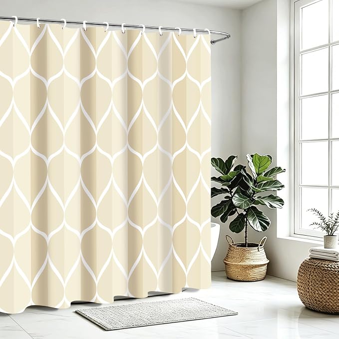 Gelbchu Geometric Shower Curtain for Bathroom, Ivory, 72x72 Inch | with Hooks, Premium Polyester, Quick Dry, Water Repellent, Machine Washable, Rustproof Grommets, Modern Minimalist