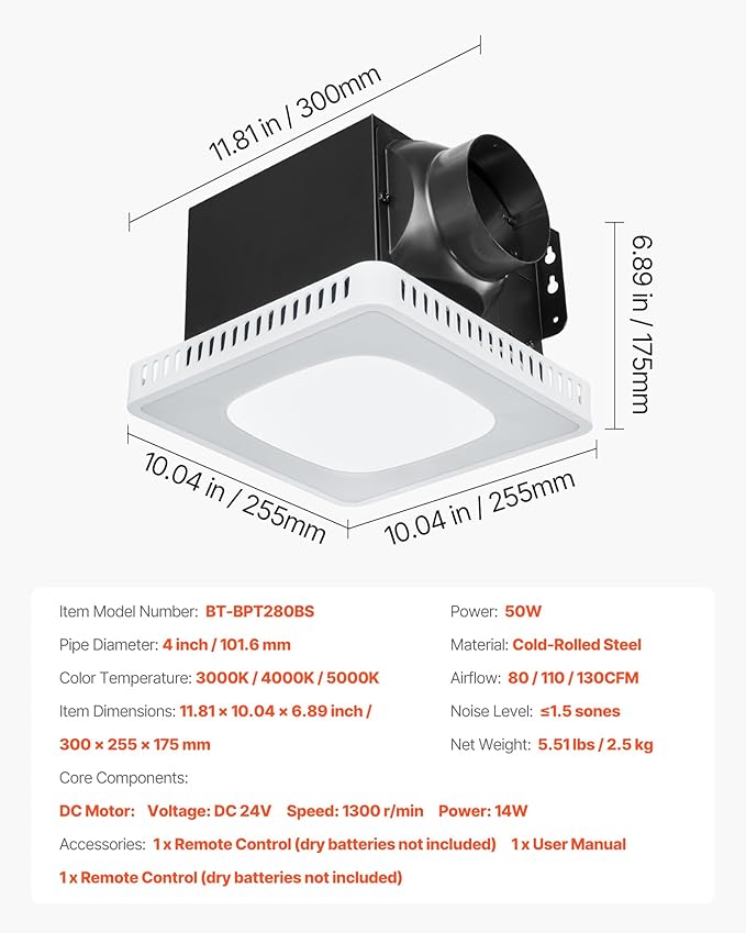 VEVOR Bathroom Exhaust Fan, 80-110-130 CFM Bathroom Vent with Seven Colors RGB Lights, 1.5 Sones Low-Noise, Premium DC Motor Ceiling Fan for KTV Laundry Room, Storage Room, Ventilation, White