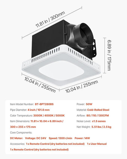 VEVOR Bathroom Exhaust Fan, 80-110-130 CFM Bathroom Vent with Seven Colors RGB Lights, 1.5 Sones Low-Noise, Premium DC Motor Ceiling Fan for KTV Laundry Room, Storage Room, Ventilation, White