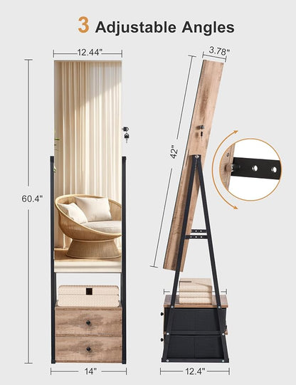 Nicetree Jewelry Cabinet Armoire, 2 Drawers, Full Length Mirror, Oak | Standing Mirror Jewelry Cabinet, Lockable Jewelry Armoire with Mirror, Adjustable Angles, Easy Assembly, Gift Idea, HD Glass