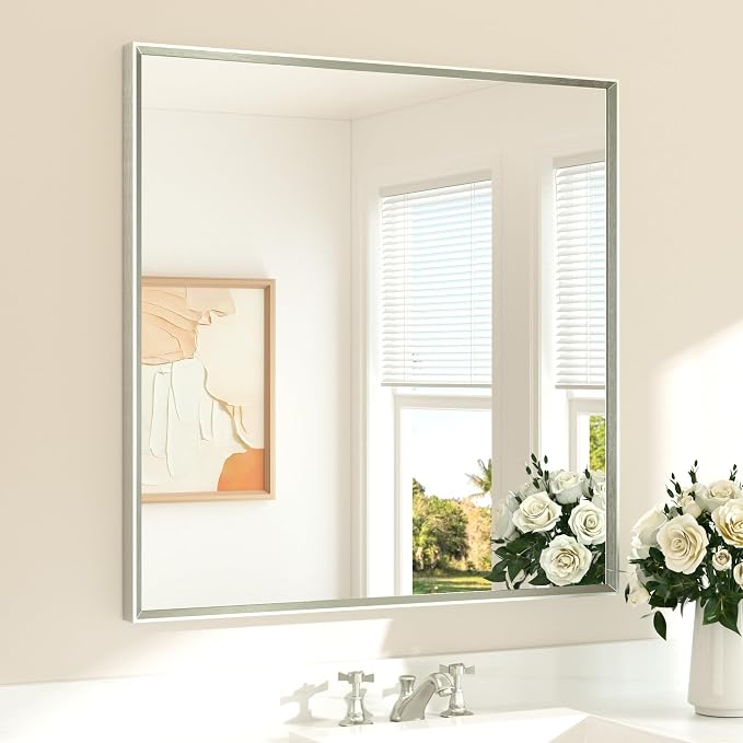 Brushed Nickel Bathroom Mirror for Over Sink 36" x 36" Brushed Nickel Beveled Framed Rectangle Vanity Mirror for Bathroom, Bedroom, Entryway, Living Room, Tempered Glass, Stronger Frame